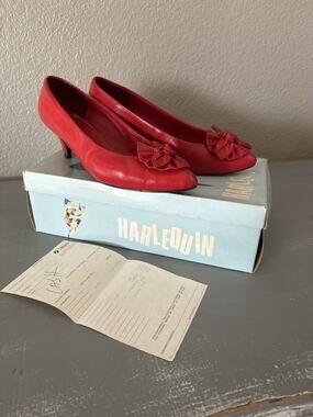 Vintage 1989 Harlequin Red Leather Pumps Sz 7B Bow Kitten Heel Org Box & Receipt